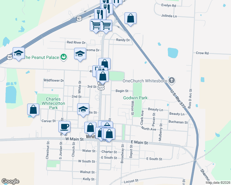 map of restaurants, bars, coffee shops, grocery stores, and more near 204 Bagin Street in Whitesboro