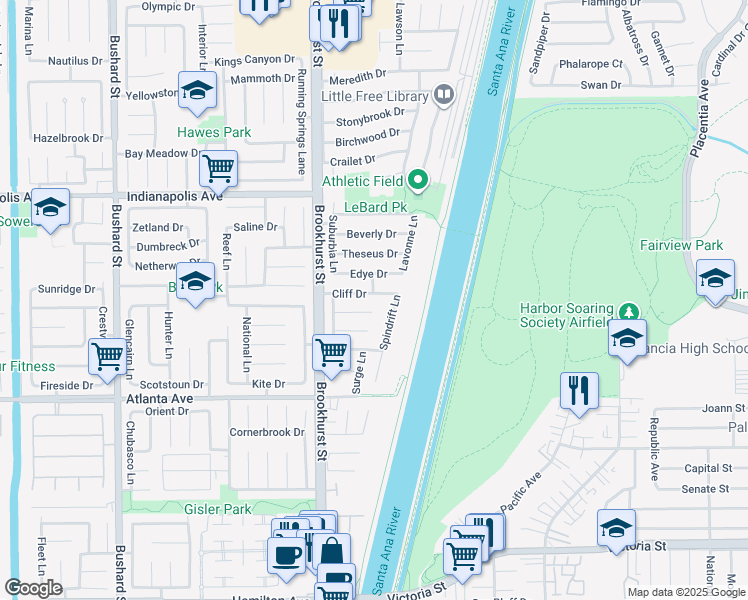 map of restaurants, bars, coffee shops, grocery stores, and more near 10162 Cliff Drive in Huntington Beach