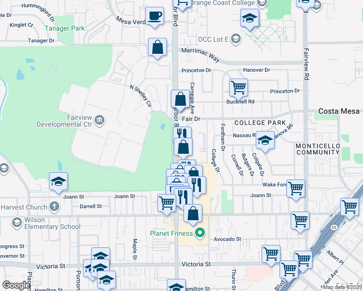 map of restaurants, bars, coffee shops, grocery stores, and more near 2400 Harbor Boulevard in Costa Mesa