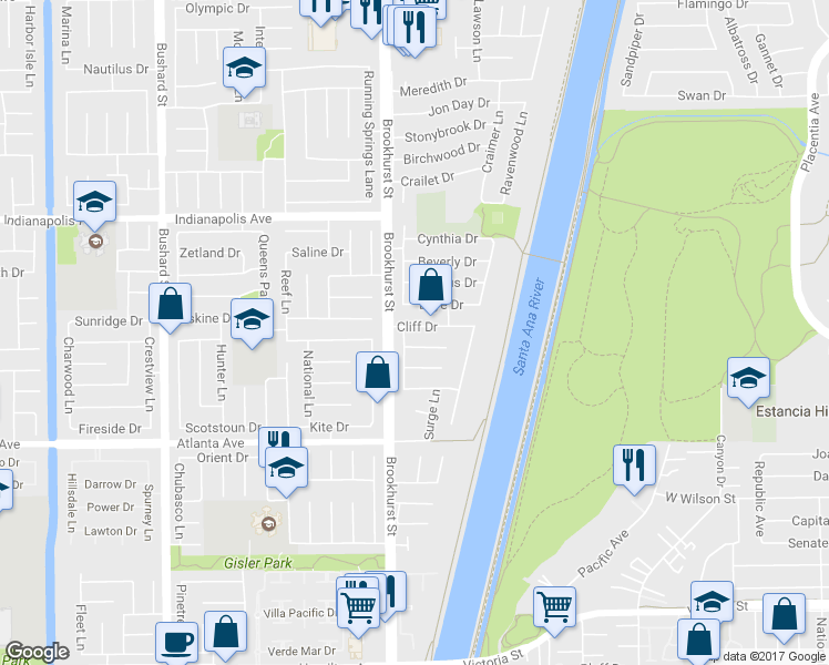 map of restaurants, bars, coffee shops, grocery stores, and more near 10052 Cliff Drive in Huntington Beach