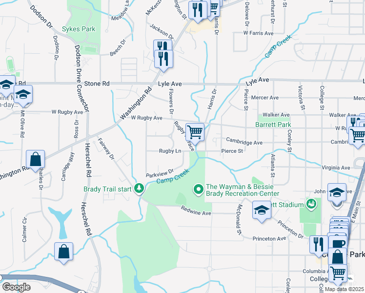 map of restaurants, bars, coffee shops, grocery stores, and more near 2275 Rugby Lane in College Park