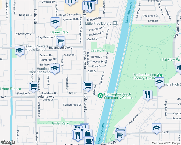 map of restaurants, bars, coffee shops, grocery stores, and more near 10052 Cliff Drive in Huntington Beach