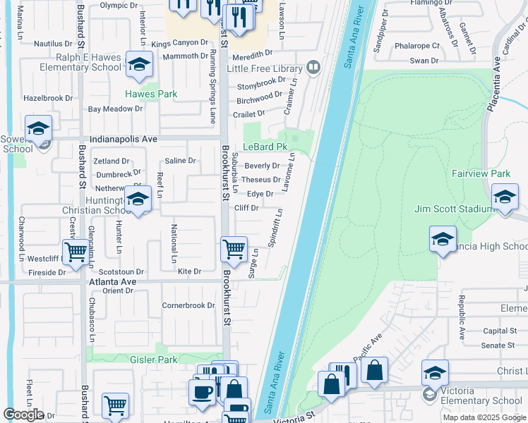 map of restaurants, bars, coffee shops, grocery stores, and more near 10162 Cliff Drive in Huntington Beach
