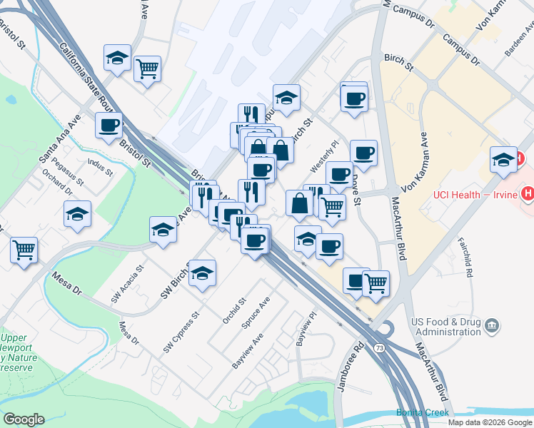 map of restaurants, bars, coffee shops, grocery stores, and more near 6 Upper Newport Plaza Drive in Newport Beach