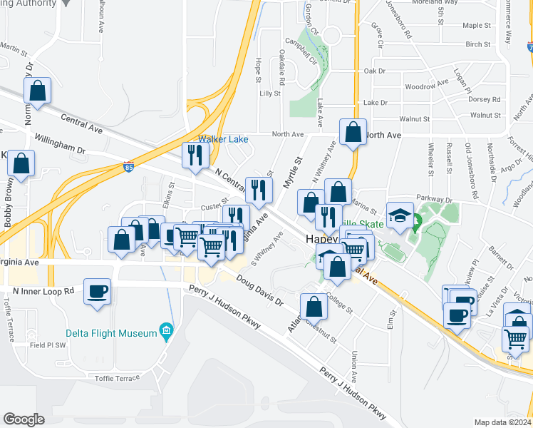 map of restaurants, bars, coffee shops, grocery stores, and more near 609 Virginia Avenue in Hapeville