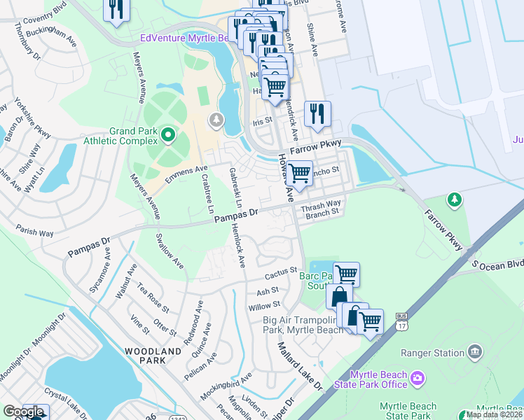 map of restaurants, bars, coffee shops, grocery stores, and more near 3531 Pampas Drive in Myrtle Beach