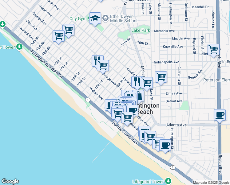 map of restaurants, bars, coffee shops, grocery stores, and more near 310 8th Street in Huntington Beach