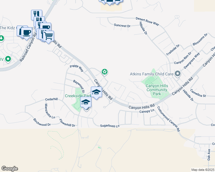 map of restaurants, bars, coffee shops, grocery stores, and more near 32353 Fernleaf Drive in Lake Elsinore