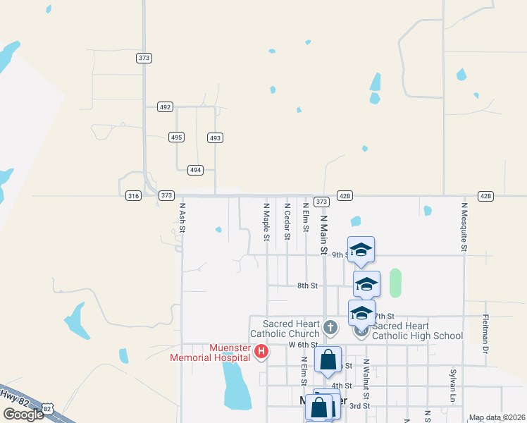 map of restaurants, bars, coffee shops, grocery stores, and more near 1063 North Maple Street in Muenster