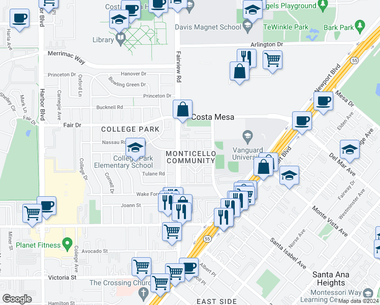 map of restaurants, bars, coffee shops, grocery stores, and more near 158 Yorktown Lane in Costa Mesa