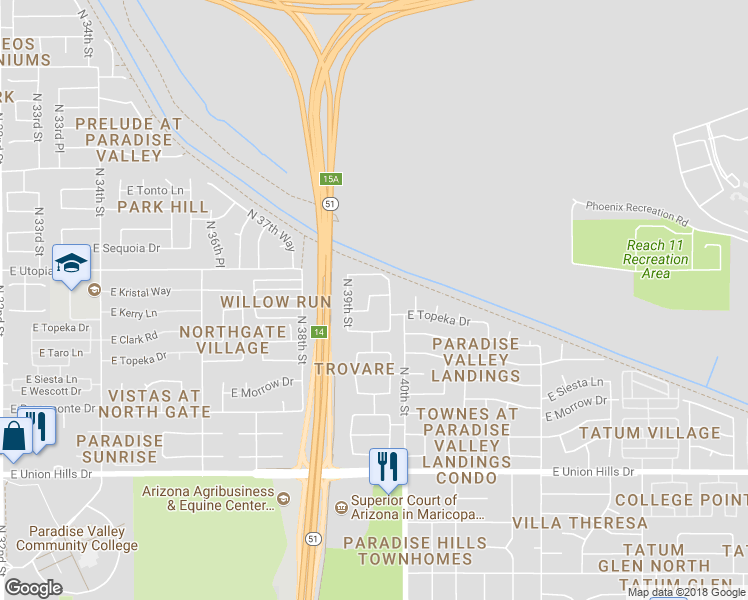 map of restaurants, bars, coffee shops, grocery stores, and more near 19215 North 39th Place in Phoenix