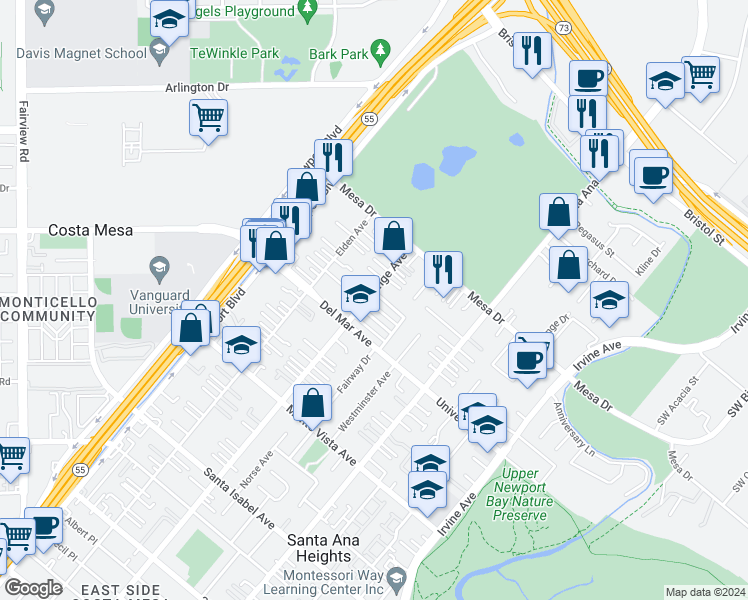map of restaurants, bars, coffee shops, grocery stores, and more near 201 Fairway Place in Costa Mesa