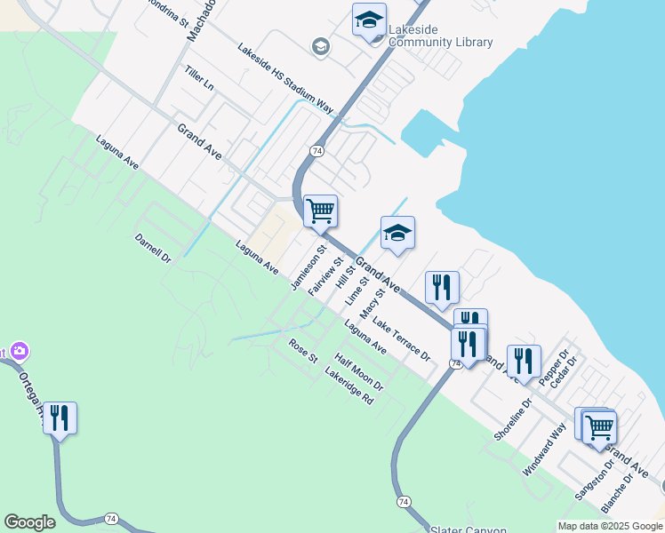 map of restaurants, bars, coffee shops, grocery stores, and more near 33033 Fairview Street in Lake Elsinore