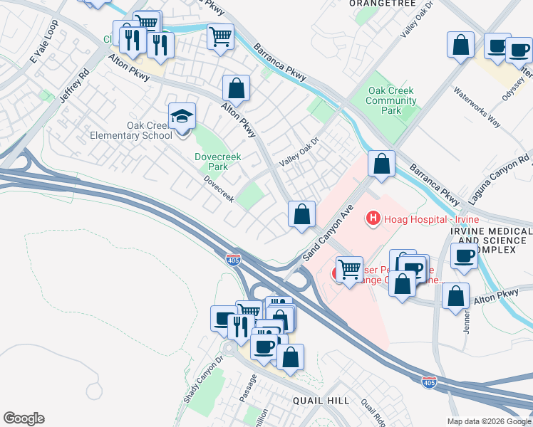 map of restaurants, bars, coffee shops, grocery stores, and more near 44 Pembroke in Irvine