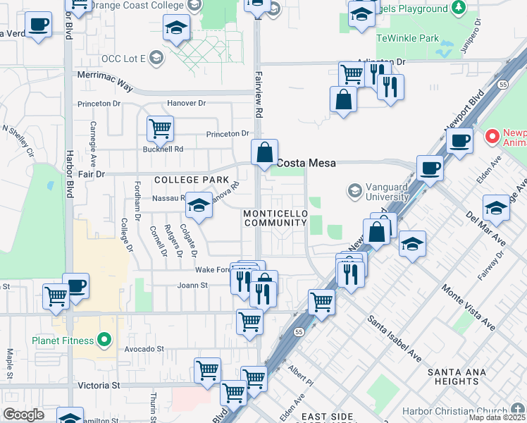 map of restaurants, bars, coffee shops, grocery stores, and more near 2404 Niagara Way in Costa Mesa