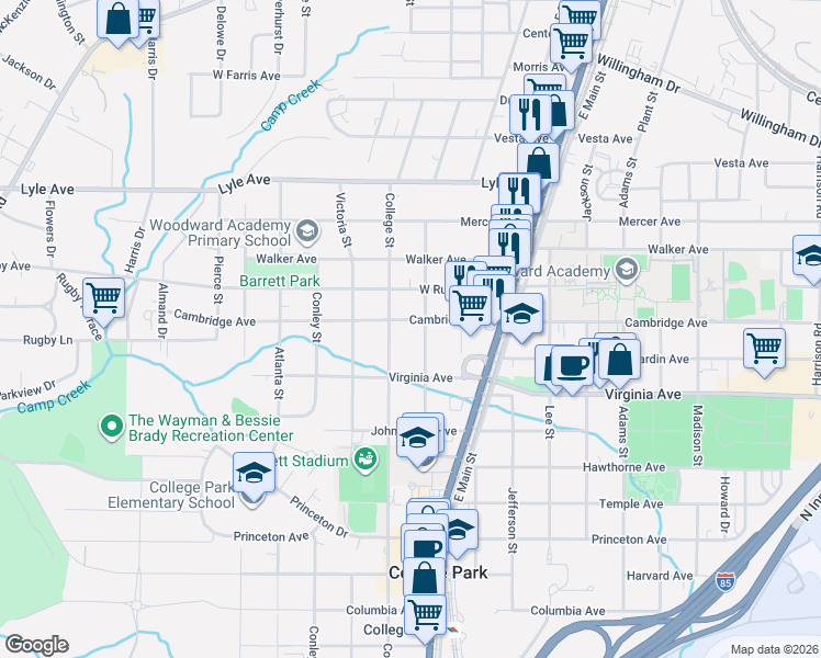 map of restaurants, bars, coffee shops, grocery stores, and more near 1866 Cambridge Avenue in College Park