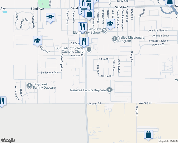 map of restaurants, bars, coffee shops, grocery stores, and more near 53268 Old California 86 in Coachella