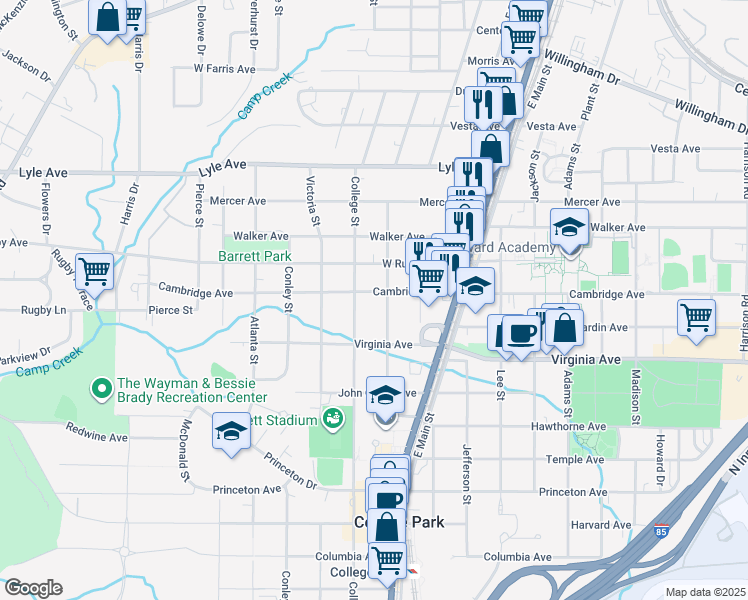 map of restaurants, bars, coffee shops, grocery stores, and more near 1866 Cambridge Avenue in College Park