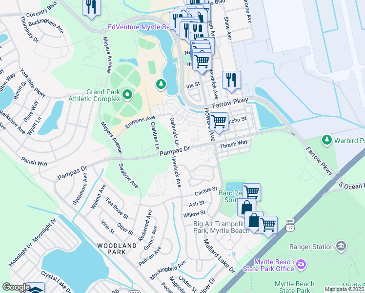map of restaurants, bars, coffee shops, grocery stores, and more near 3550 Pampas Drive in Myrtle Beach