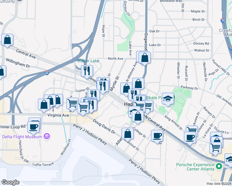 map of restaurants, bars, coffee shops, grocery stores, and more near 725 North Central Avenue in Hapeville