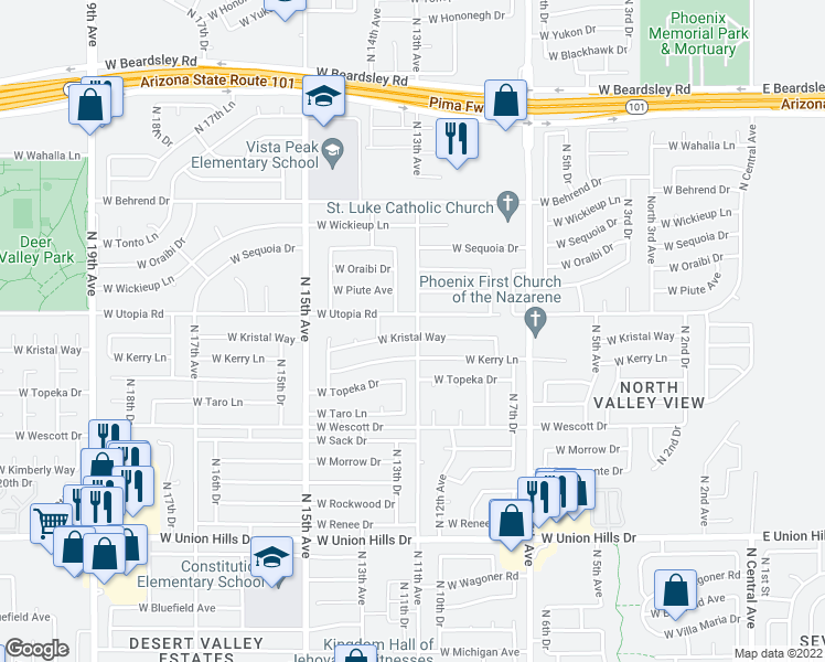 map of restaurants, bars, coffee shops, grocery stores, and more near 1302 West Kristal Way in Phoenix