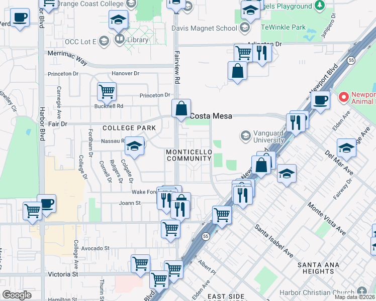 map of restaurants, bars, coffee shops, grocery stores, and more near 158 Yorktown Lane in Costa Mesa