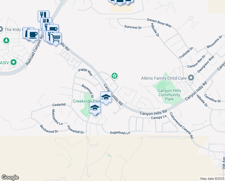 map of restaurants, bars, coffee shops, grocery stores, and more near 32353 Fernleaf Drive in Lake Elsinore
