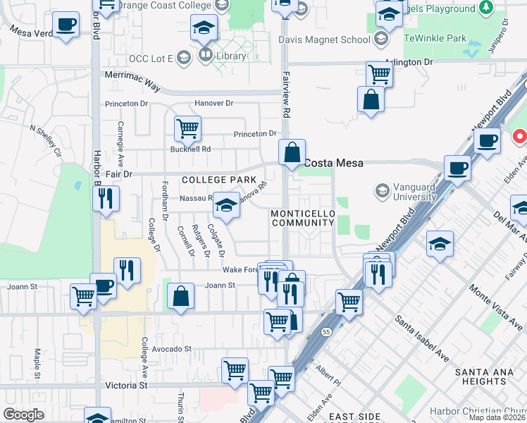 map of restaurants, bars, coffee shops, grocery stores, and more near 2395 Columbia Drive in Costa Mesa