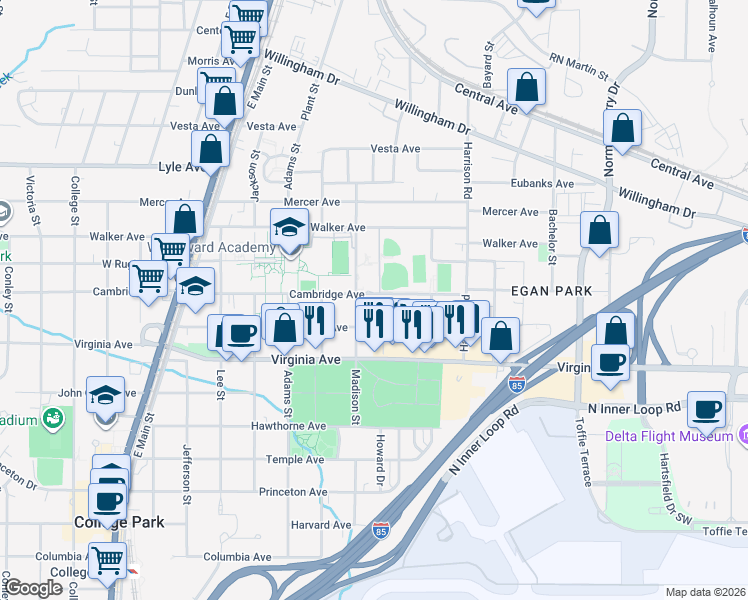 map of restaurants, bars, coffee shops, grocery stores, and more near 1508 Cambridge Avenue in College Park