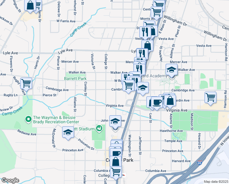 map of restaurants, bars, coffee shops, grocery stores, and more near 1866 Cambridge Avenue in College Park