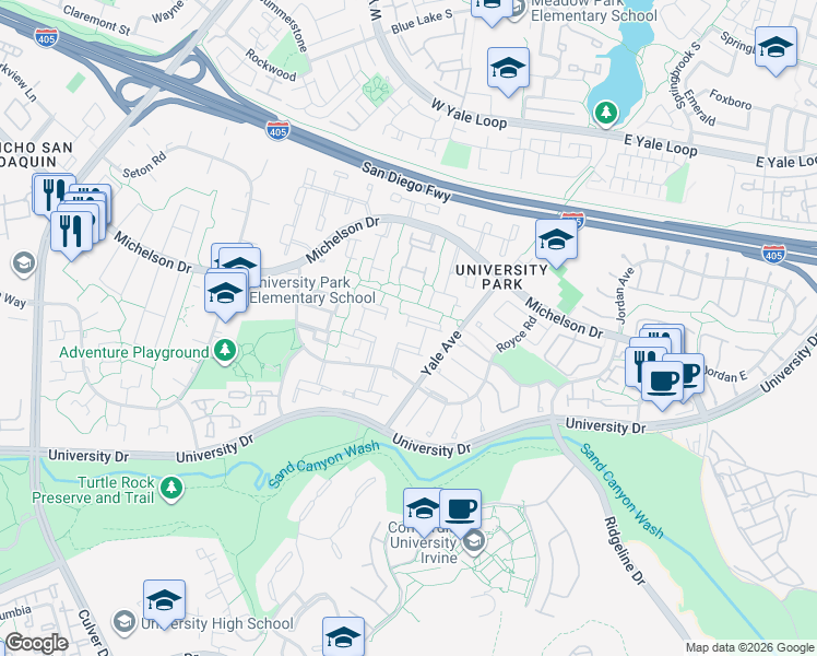 map of restaurants, bars, coffee shops, grocery stores, and more near 39 Oak Tree Lane in Irvine