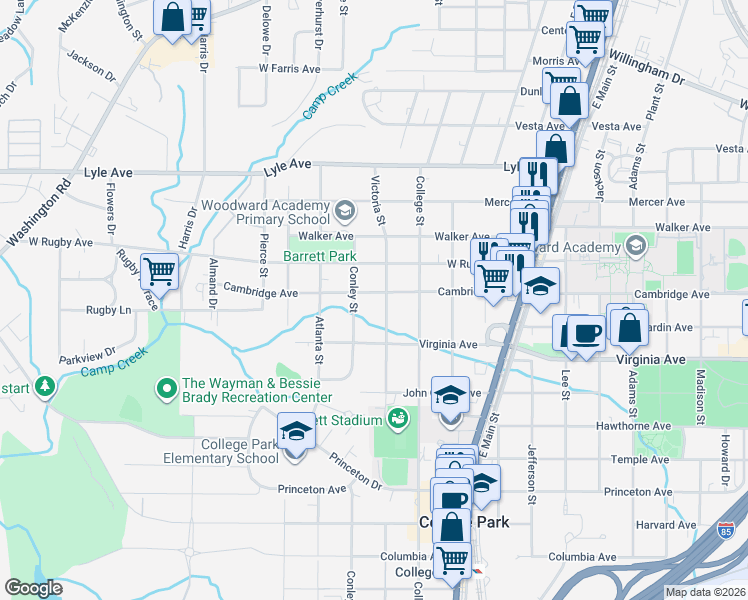 map of restaurants, bars, coffee shops, grocery stores, and more near 1954 Cambridge Avenue in College Park