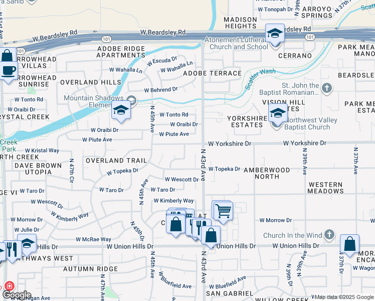 map of restaurants, bars, coffee shops, grocery stores, and more near 19237 North 44th Avenue in Glendale