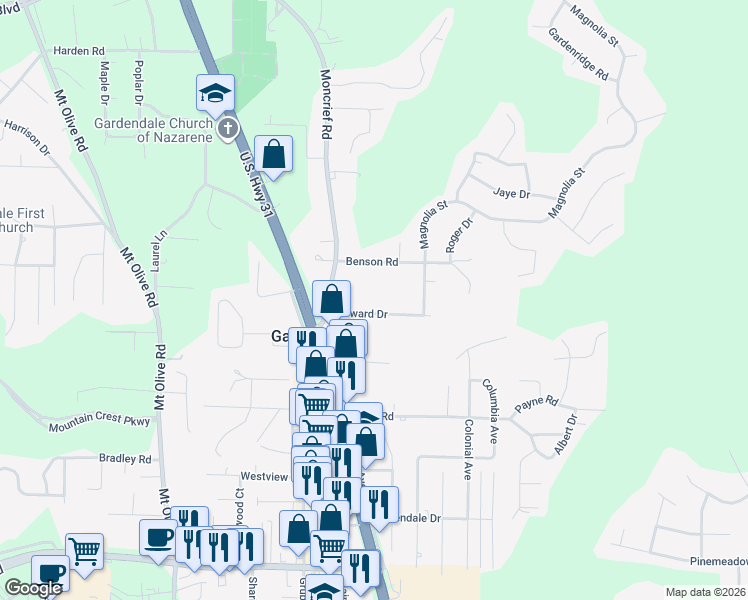 map of restaurants, bars, coffee shops, grocery stores, and more near 216 Howard Drive in Gardendale