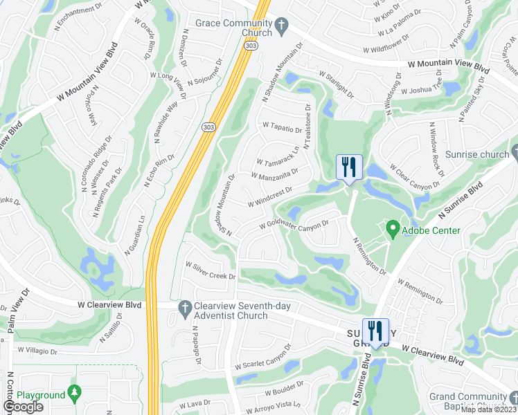 map of restaurants, bars, coffee shops, grocery stores, and more near 16321 West Windcrest Drive in Surprise