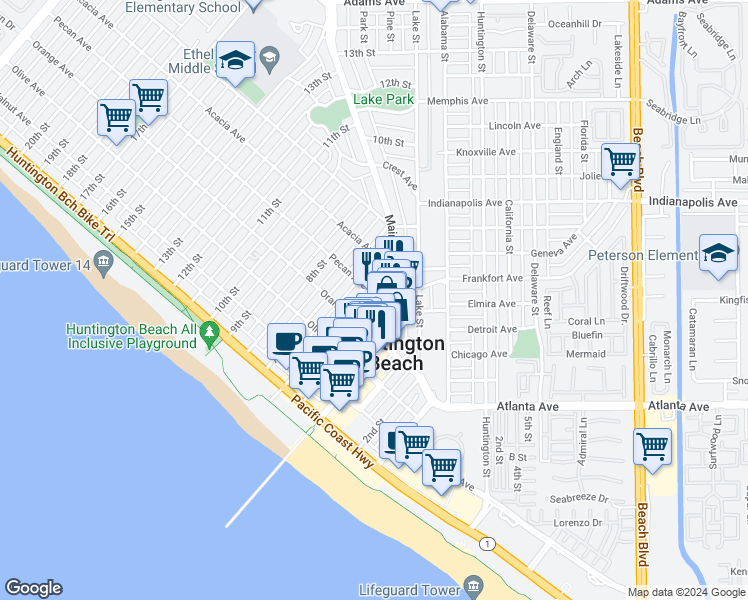 map of restaurants, bars, coffee shops, grocery stores, and more near 501 Main Street in Huntington Beach