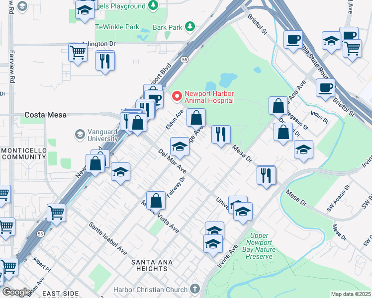 map of restaurants, bars, coffee shops, grocery stores, and more near 201 Fairway Place in Costa Mesa