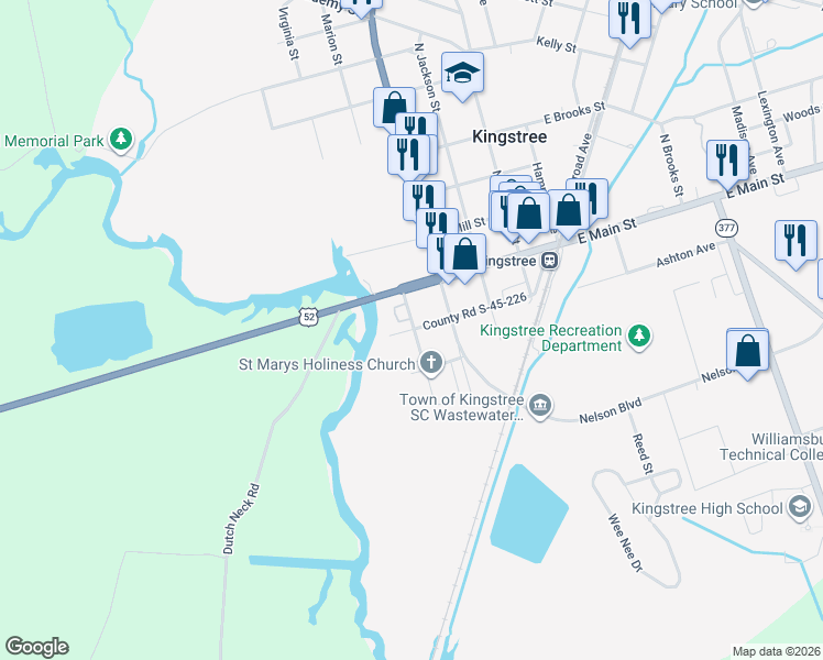 map of restaurants, bars, coffee shops, grocery stores, and more near 129 McFarlin Street in Kingstree