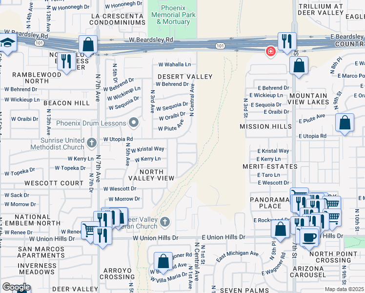 map of restaurants, bars, coffee shops, grocery stores, and more near 109 West Kristal Way in Phoenix