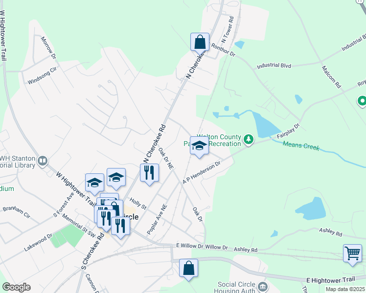 map of restaurants, bars, coffee shops, grocery stores, and more near 1 Waters Drive in Social Circle