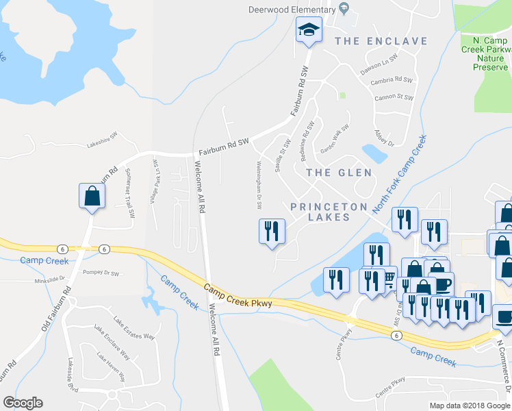 map of restaurants, bars, coffee shops, grocery stores, and more near 3277 Welmingham Drive Southwest in Atlanta