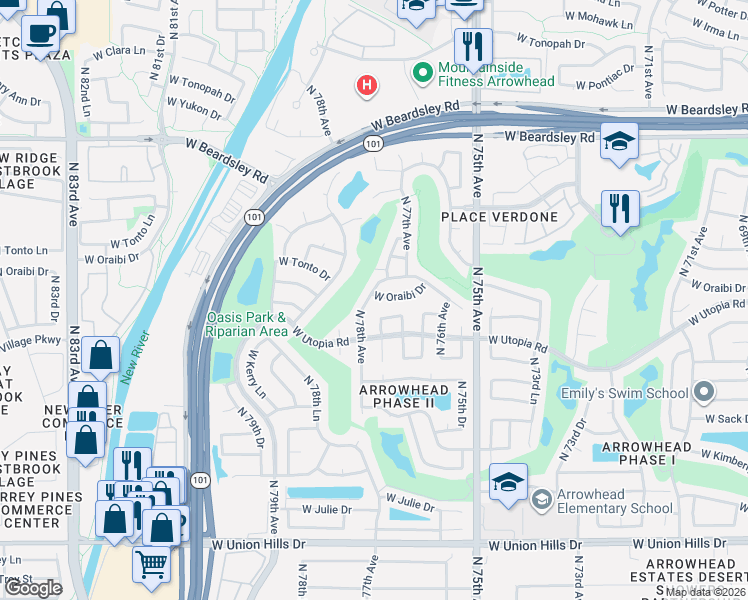 map of restaurants, bars, coffee shops, grocery stores, and more near 19524 North 78th Avenue in Glendale