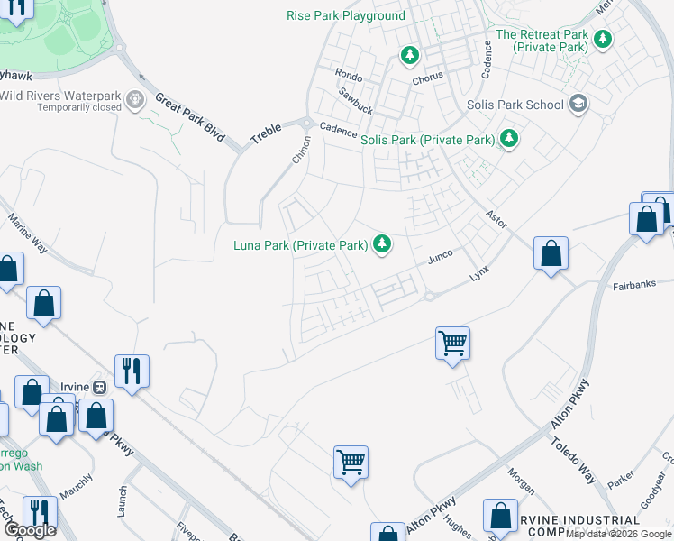 map of restaurants, bars, coffee shops, grocery stores, and more near Z St in Irvine