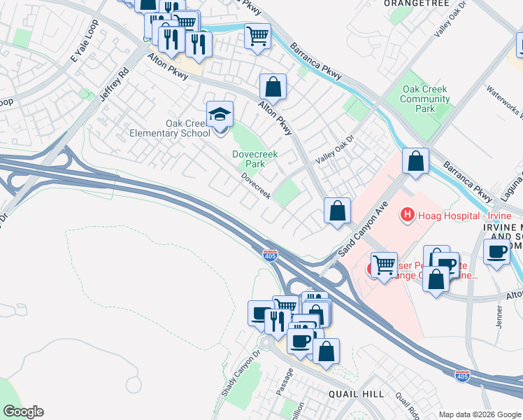 map of restaurants, bars, coffee shops, grocery stores, and more near 75 Ashford in Irvine