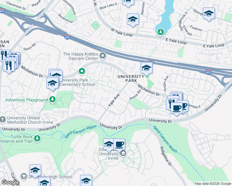 map of restaurants, bars, coffee shops, grocery stores, and more near 52 Oak Tree Lane in Irvine
