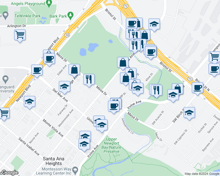 map of restaurants, bars, coffee shops, grocery stores, and more near 20432 Santa Ana Avenue in Newport Beach