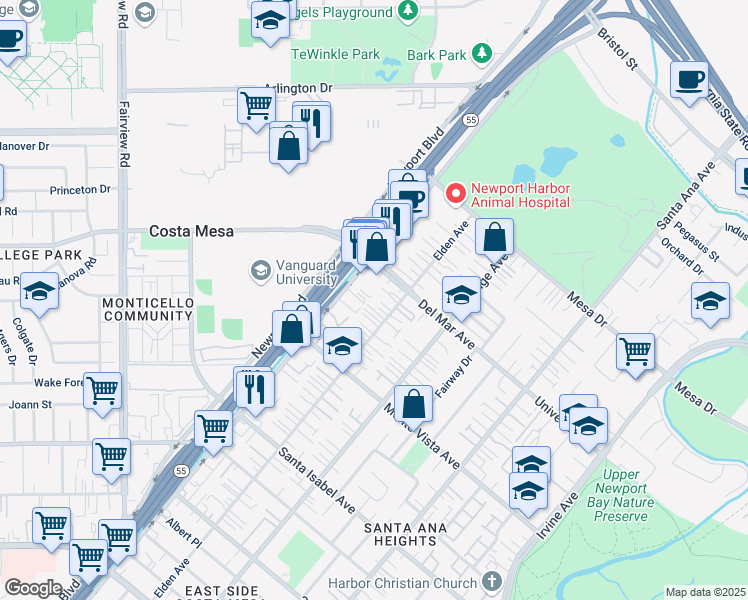 map of restaurants, bars, coffee shops, grocery stores, and more near 2570 Newport Boulevard in Costa Mesa