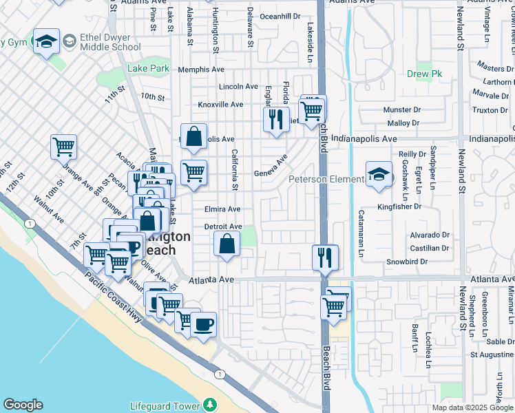 map of restaurants, bars, coffee shops, grocery stores, and more near 503 Delaware Street in Huntington Beach