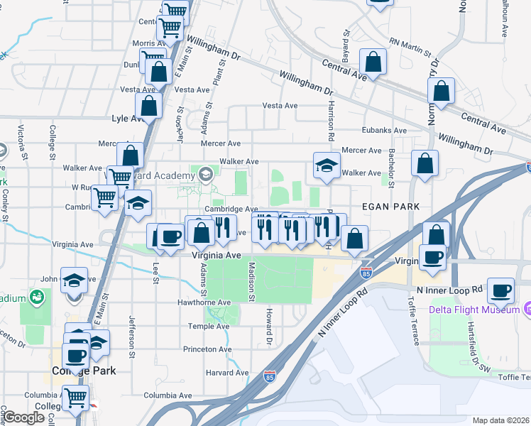 map of restaurants, bars, coffee shops, grocery stores, and more near 1508 Cambridge Avenue in College Park
