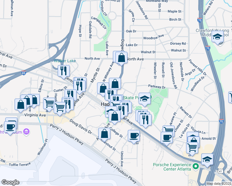 map of restaurants, bars, coffee shops, grocery stores, and more near 3396 Dogwood Drive in Hapeville
